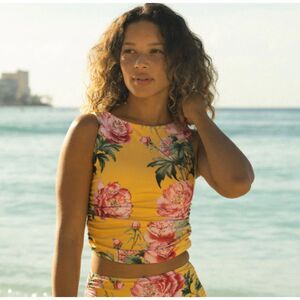 Albion Ruched Crop Top Yellow Rose Peony Butter Large